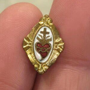 Antique Sacred Heart of Jesus Gold Enamel Lapel Pin Catholic Victorian Brooch